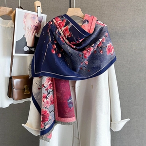 Damen Vintage Pflaumenblütenmuster Imitat Kaschmir Schal Dick Warm Winter Stola Mit Fransen Elegant Einwickeln
