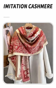 Detailed texture of imitation cashmere scarf with vintage floral patterns and color blocking
