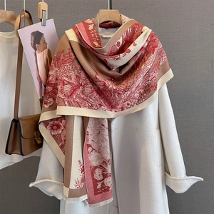 Vintage Floral Print Imitation Cashmere Shawl For Women Large Warm Scarf With Tassel Retro Botanical Pattern Pashmina