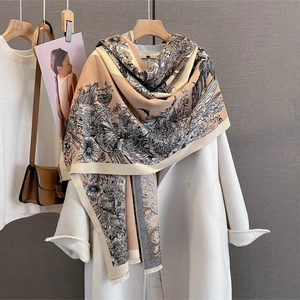 Retro two-tone Toile de Jouy print pashmina shawl scarf in apricot and black tones