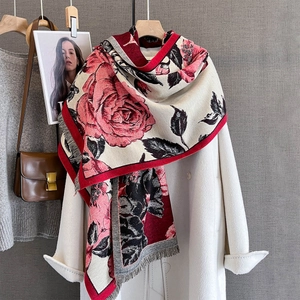 Women Scarf Shawl Imitation Cashmere Floral Rose Print Tassel Warm Autumn Winter Versatile Elegant Long Wrap