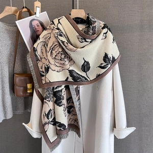 Luxurious cashmere-like shawl with vintage rose print and tassel fringe for winter warmth