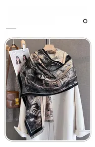 Detailed view of imitation cashmere scarf featuring retro European town oil painting print