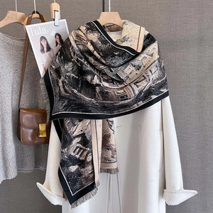 Retro Oil Painting Print Scarf Faux Cashmere Thick Warm Shawl Tassel Landscape Pattern Autumn Winter