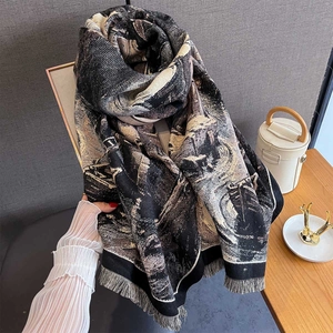 Retro oil painting style cashmere scarf with vintage town print and fringe edges