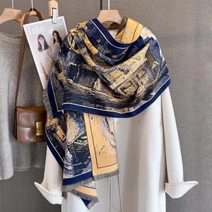 Artistic oil painting style thick cashmere scarf with retro architecture and fringe