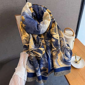 Detailed view of Van Gogh Starry Night oil painting print scarf with soft gray tassels