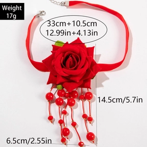 Detailed size specifications for red velvet rose choker necklace with beaded tassels
