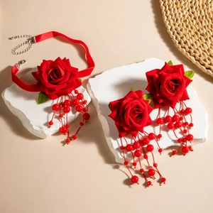 Exquisite red rose choker and matching hair clip set with elegant red beaded tassels