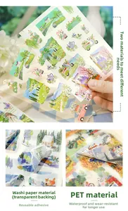 Dettaglio macro di adesivi impermeabili in PET e carta Washi con illustrazioni di fiori e paesaggi