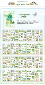 Dettaglio del set di 20 adesivi PET pastorali con motivi floreali e paesaggi di campagna