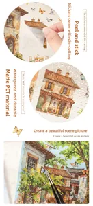 Detail showing waterproof PET vintage house stickers with die-cut edges and application scene