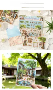 Close-up of translucent Chinese garden landscape stickers with hand-painted floral motifs