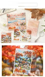 Detail of Golden Autumn Wild Goose stickers with classic Chinese architecture and maple leaves