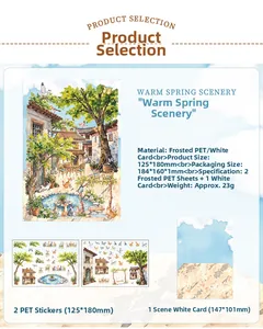 Detailed specs of floral PET stickers and scene card for DIY journaling scrapbooks