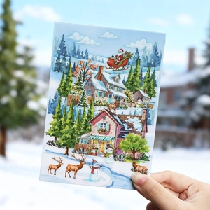 3D scenic Christmas stickers featuring Santa and reindeer on a winter background