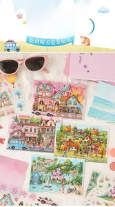 Detailed view of hand-drawn coastal and European street scenery 3D stickers
