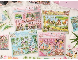 Detailed view of illustration stickers featuring diverse scenic and botanical themes for DIY