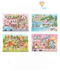 Detailed views of watercolor scenery stickers with coastal castles and town landscapes