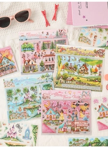 Detailed view of four theme 3D landscape stickers including island and ocean scenes