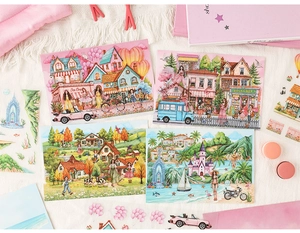 Detailed close-up of 3D landscape stickers featuring European hand-drawn fairy tale scenes