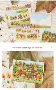Macro detail of South Sends Autumn 3D stickers with cozy cottage and maple tree motifs