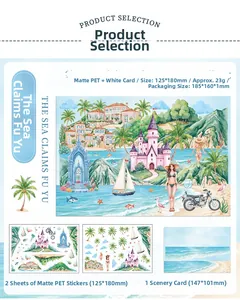 Detail of blue ocean theme PET stickers with background card for DIY scrapbooking