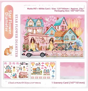 Detail of floral stickers set with PET material and background card for DIY scrapbooking