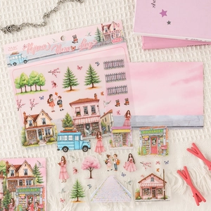 3-piece set of gentle watercolor PET stickers with European buildings and floral scenery