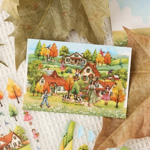 3D scenic stickers set with European autumn countryside illustrations and village scenery