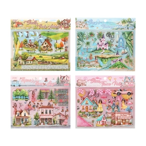 Set of 4 creative 3D scenery stickers featuring autumn, tropical and urban themes