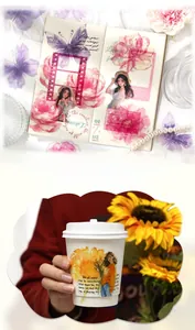 Dettaglio degli adesivi creativi in PET con girasoli e ragazza su un bicchiere di carta
