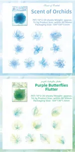 Dettaglio di adesivi floreali in PET con motivi di orchidee e dimensioni di 80x80mm