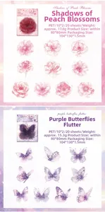 Dettaglio macro di adesivi in PET con fiori rosa semitrasparenti e farfalle viola decorative