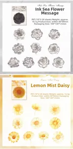 Dettaglio di adesivi floreali in PET con rose grigie e margherite gialle per scrapbooking