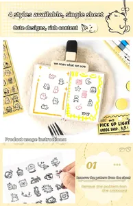 Macro shot of cute clear silicone stamps with hand-drawn cat and coffee motifs for DIY scrapbooking