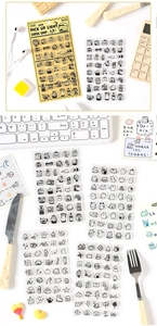 Detailed view of transparent silicone stamp set with cute cat and food patterns for DIY crafts