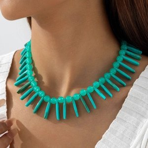 Collier Perles Acrylique Turquoise Bohème Avec Franges Longues Pointes Résine Bijoux Style Ethnique Tribale Femme