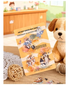Detailed view of cute Shiba Inu stickers with space and motorcycle themes on wood