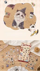 Macro detail of waterproof PET stickers featuring cute hand-drawn cat and dog illustrations