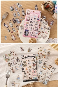 Macro detail of 4pcs cute cat illustration PET stickers for scrapbooking decor