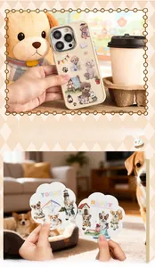 Detailed view of cute dog themed PET stickers and cream phone case in a cozy lifestyle setting