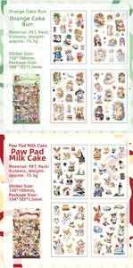 Detail showing PET paw print stickers with cute cat and corgi illustrations in a 4-sheet pack