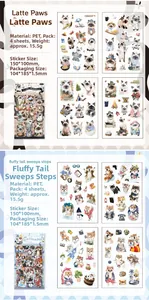 Detail view of PET waterproof pet stickers featuring watercolor cat and dog illustrations