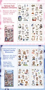 Detail view of 4-sheet PET waterproof cartoon animal stickers with cat and dog illustrations