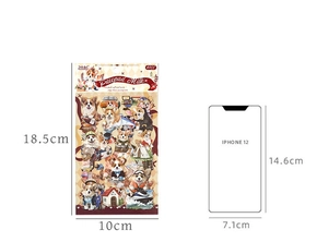 Corgi theme sticker pack size guide showing 18.5x10cm packaging next to iPhone 12 model