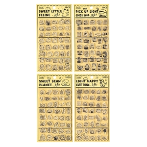 Set of 4 transparent waterproof stickers with cat, planet, and grocery shop themes