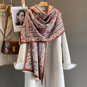 Autumn oversized cashmere-like scarf featuring seashell prints and elegant tassels