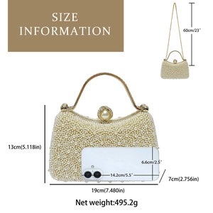 Detailed size specifications for pearl evening handbag with 19cm length and weight info