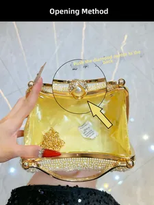 Detail of evening clutch pearl handbag showing golden frame with chain and satin lining